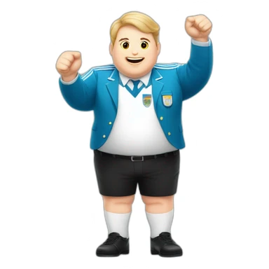 Short hair, obese white man play jumping hand up. argentina uniform. Thumbs up  sticker