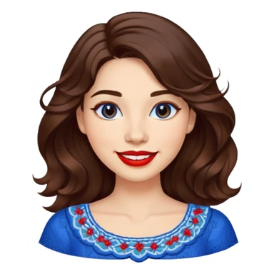 Cheerful woman with clear skin, round face, wide friendly smile, big light brown eyes, vibrant red lipstick, shoulder-length wavy dark brown hair, white top with blue embroidery and electric blue neckline sticker