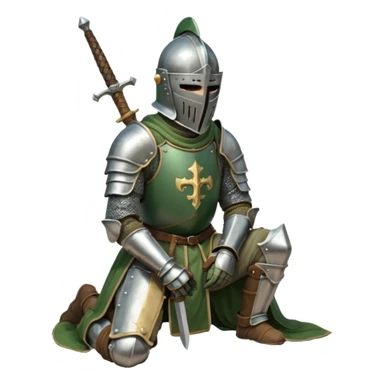 A lone medieval knight in a green worn armor kneels. His helmet is closed, hiding his face, conveying silence, exhaustion and contemplation. A long sword is planted in the ground beside him, its hilt resting near his gloved hands as if he is praying or resting after battle. sticker