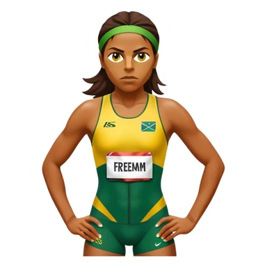 Cinematic Realistic portrait of Cathy Freeman, shown as an iconic Australian sprinter with a focused, determined expression and modern athletic yellow and green attire accented with subtle native motifs, rendered in dynamic, vibrant lighting sticker