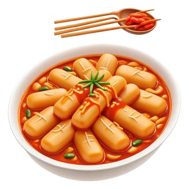 Cinematic Realistic Tteokbokki Dish Emoji, showcasing spicy, chewy rice cakes in a fiery sauce rendered with lifelike detail and bold, dynamic lighting. sticker