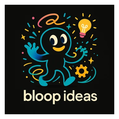 abstract mascot character for a black website, playful and energetic, visual cues of thinking and creativity in motion, bright lively colors, imaginative style, creative tech portfolio, includes tagline 'bloop ideas' sticker