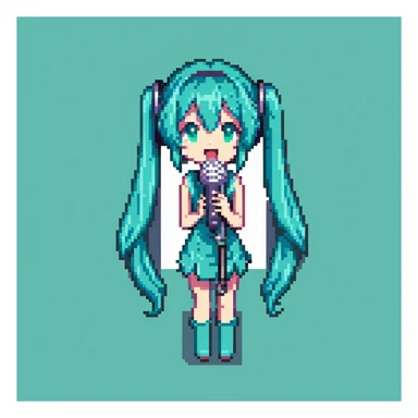 Hatsune Miku singing with a microphone, teal hair, pixel art character sticker
