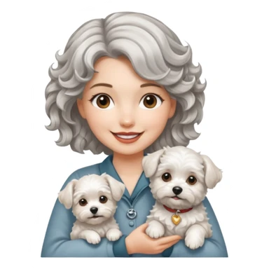 silver, short, wavy-haired with loose curls, smiling pretty lady holding a westie dog and a lhasa apso dog sticker