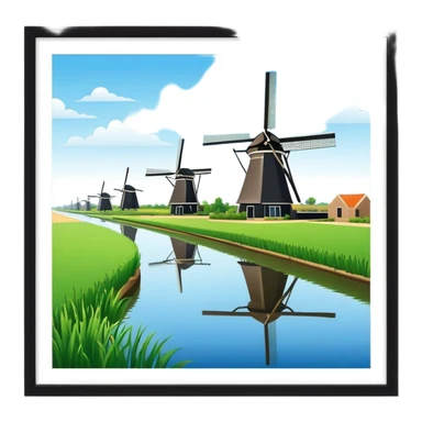 cinematic-realistic-kinderdijk-windmills-landmark-emoji,-showcasing-traditional-dutch-windmills-aligned-along-a-tranquil-canal,-with-lush-green-fields in a picture frame sticker