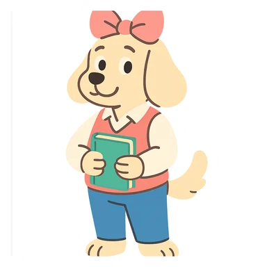 preppy dog with a pink head piece bow, standing with a book, pastel toon style sticker
