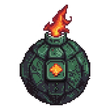 Red digital bomb with flame-shaped fuse at the top, round black bomb body with red accents, pixel art style sticker
