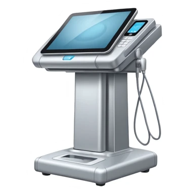 large expensive ultrasound machine that stands on the floor and is tall. sticker