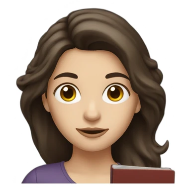 White woman with dark brown hair holding a book sticker