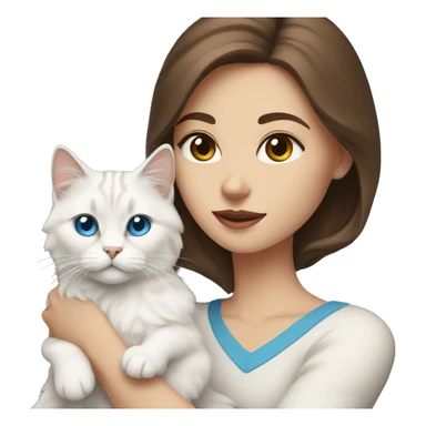 woman with brown hair and holding a all white Siberian cat with blue eyes sticker