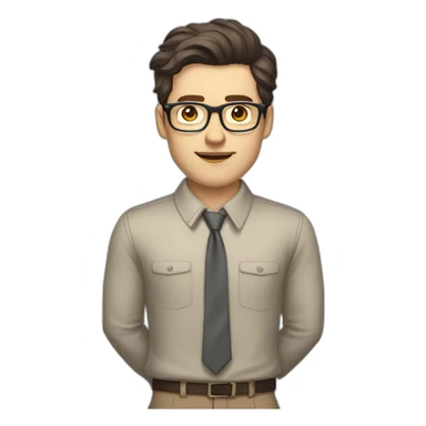 Full height Pale skinned Fit Man With dark brown hair in gray jacket, beige office shirt, tie, Brown pants and vintage glasses. Thrumbs of his palms directed up sticker