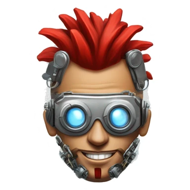 cyborg head with red Mohawk, red beard. silver steampunk monocle goggles a smile and circuits sticker