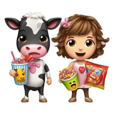 A cute girl cow and a cute boy cow. Both eating candy and snacks, surrounded by candy and snacks and drinks sticker