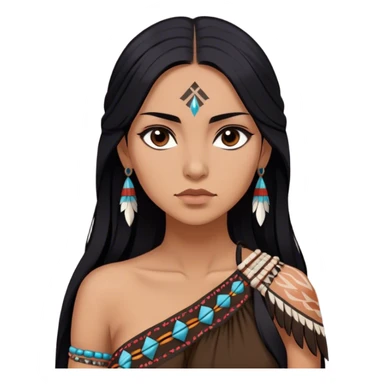 Cinematic Realistic Pocahontas Portrait, depicted with lifelike skin texture, soft natural lighting, and intricately detailed long, flowing raven-black hair that moves gracefully in the wind. Her deep, soulful dark brown eyes exude wisdom and strength, complemented by a serene yet powerful expression. She is dressed in her classic one-shoulder native american dress, with rich fabric textures and delicate beaded details that catch the light beautifully. The portrait features a soft, sun-kissed glow with a natural, radiant finish, capturing the essence of untamed beauty and deep connection to nature in a realistic and painterly style, evoking a sense of depth and authenticity. sticker