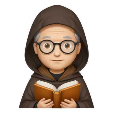 Monk priest prayer black habit with hood round black glasses done light brown wavy hair under hood remove the medallion smaller more round glassed age 46 no necklace more oval face hand holding book that says RB 480 top left is great add a little hair brown gray under hood  sticker