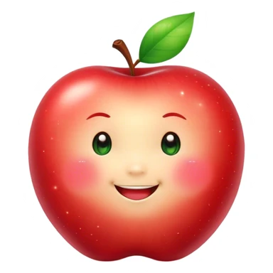 Cute Kawaii Apple, round and plump, bright shiny red with a tiny green leaf, chubby cheeks, sparkling eyes, a happy smile, soft glowing highlights, radiating fresh sweetness! sticker