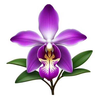 Cinematic Realistic Orchid Emoji, Exotic and elegant, with intricate, velvety petals in deep purple and white, forming a delicate and symmetrical blossom. The slender green stem holds the flower high, while surrounding leaves add lush contrast. Soft glowing outline, capturing the essence of rare beauty and sophistication in a captivating orchid. sticker