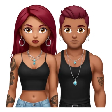 a pretty bratz fair indian girl with dark red straight hair, black cami top, silver dainty necklaces, rings, hoops, tattoos standing with two handsome lean but muscled guys sticker