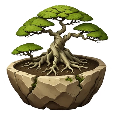 Roots Stoneware akadama moss on soil irregular angular Stone Age rocks cracked and broken forming a very shallow bonsai pot sans(without) tree  sticker