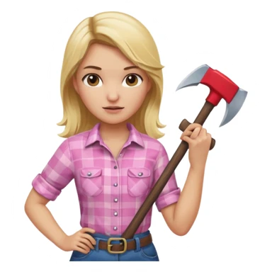 lumberjack blonde woman holding axe pink checked shirt sticker