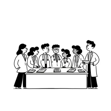 Hand-drawn meeting of emergency medical fund committee with doctors, nurses and financial documents sticker