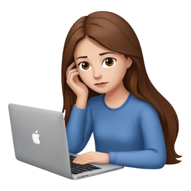 create a woman long hair brown, sitting with her macbook looking tired sticker
