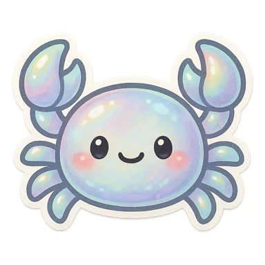 cartoon crab with iridescent pearl colors, round body, friendly face, clean background sticker