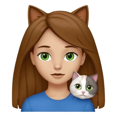 Crea un emoji donde salga un chico de pelo moreno con los ojos claros, una chica de pelo morena con los ojos marrones y UN gato europeo comun de pelaje oscuro y ojos verde claro, quiero que se esten abrazando el chico y la chica, y el gato este en el medio de los dos sticker