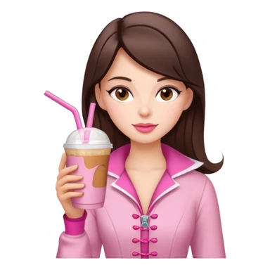 white brunette with brown eyes and a pink coquette outfit, drinking a caramel machiatto sticker