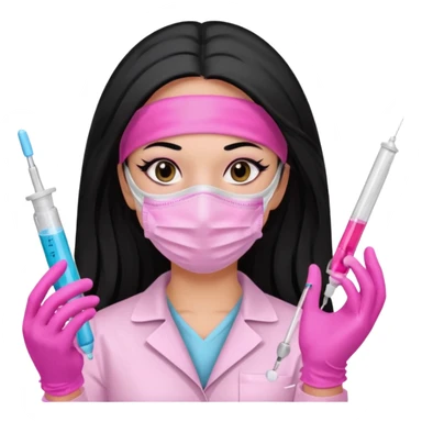 laboratorista con guantes rosa y mascarilla rosa  jeringa tubo laboratorio sin lentes  y  ojos negro cabello largo negro sticker