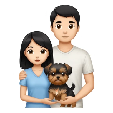 beautiful asian girl with black hair holding a yorkshire terrier, standing next to her tanned boyfriend holding a shih tzu sticker