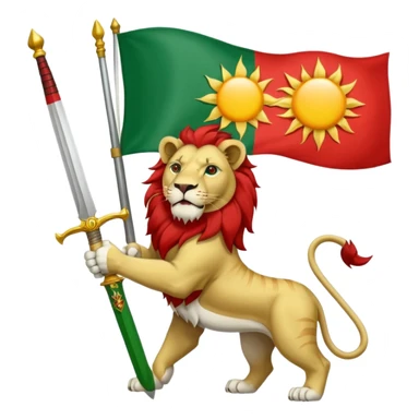 Make flag with three color, upper color should be green and middle be white and in down should be red, and add a lion with a sword on his hand and a sun in his back in the middle of flag in white color. sticker