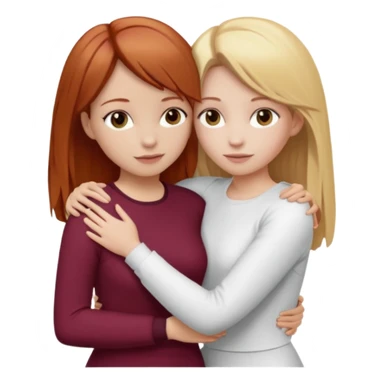 two girls who hug eachother. one has auburn hair with blonde highlights and very pale skin , other has medium-fair skin and blonde hair. girl with auburn or dark blonde hair is wearing a white outfit and girl with blonde hair is wearing a burgundy outfit sticker
