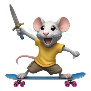 Rat riding a skateboard with a sword in hand and a fish flopping around on the ground sticker