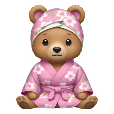 A cute light-brown bear wearing a pastel pink sakura-patterned yukata loosely, normal balanced body ratio.  
Relaxing in a warm hot spring with steam around, a small towel on the head, peaceful happy expression.  simple scenic background with rocks. sticker