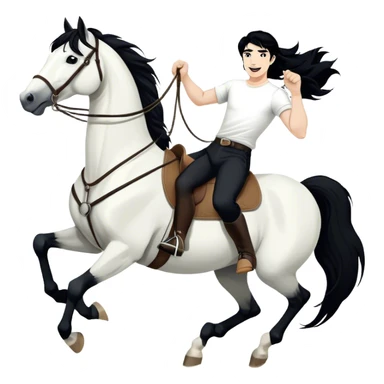 A hand-drawn, black-and-white digital illustration in a playful, cartoonish style. A man with solid black hair and solid black pants is riding a horse, holding the reins with confidence. He has a joyful and adventurous expression as the horse moves forward with energy. The horse has a flowing solid black mane and tail, with strong, bold lines emphasizing its movement. Its legs are slightly bent, giving a sense of action. The background is minimal, keeping the focus on the rider and the horse sticker