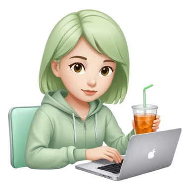 Girl sitting at laptop with iced fruit tea, light sage green tracksuit outfit, working from home sticker