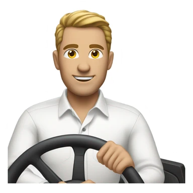  man with white button-down shirt behind a steering wheel sticker