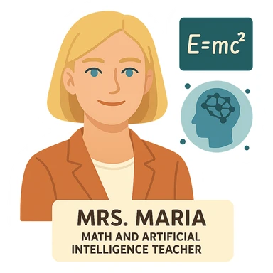 flat design style Mrs. Maria, math and artificial intelligence teacher, no glasses, thin nose, blonde eyebrows, blonde bob hair, blue eyes sticker