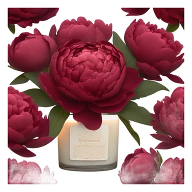 A cluster of deep red peonies and a flickering candle, tied together with a delicate lace ribbon sticker