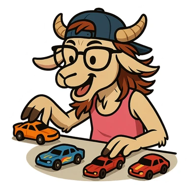 goat for Telegram stickers inspired by reference https://attic.sh/feoducyurkpqwz0la088soao98sx: wearing a cap, glasses, mullet hairstyle, pink drunkard tank top, playing with hot wheels cars sticker