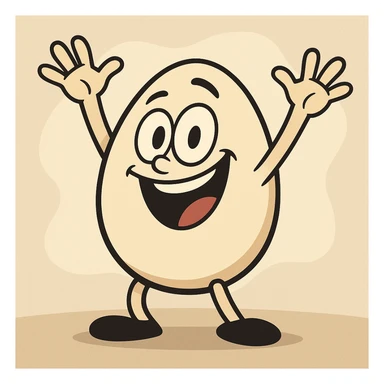 an egg mascot with hands in the air, joyful, flat illustration style sticker