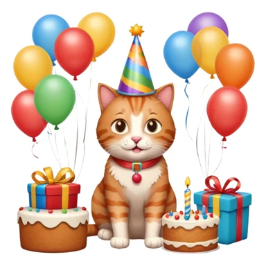 Ginger tabby cat celebrating birthday, birthday hat, birthday cake, balloons, happy, gifts sticker