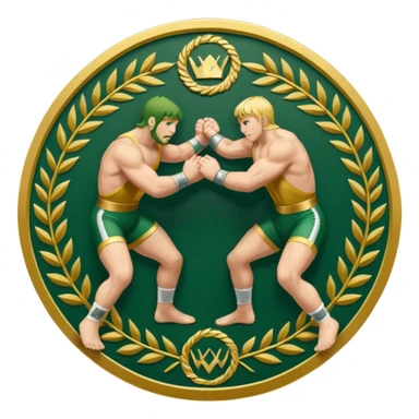 An icon symbolizing wrestling combat sports in the style of an emblem. The design features two wrestlers locked in a powerful grapple, one attempting to take the other down. Surrounding the scene are stylized elements like a championship belt, wrestling mat, and a laurel wreath. sticker