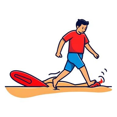 person hopping on hot beach sand with red pain marks on foot and steam rising from the sand sticker