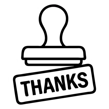 rubber stamp with 'thanks' in bold block letters, slightly angled sticker