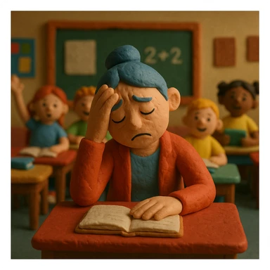 exhausted teacher in a bustling classroom sticker