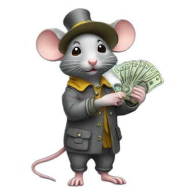 a rat with rain shoes on hist feet and holding money sticker
