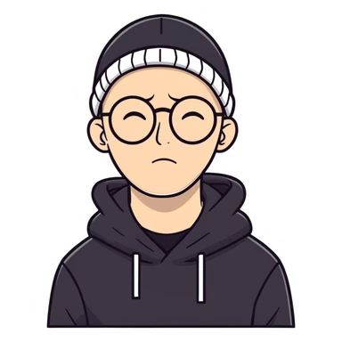 bald white guy with glasses, wearing a black beanie, black hoodie, sad expression, left on delivered text sticker
