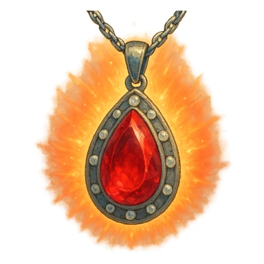 A teardrop ruby pendant with a silver chain and white stones, radiating a luminous aura of passion and renewal sticker